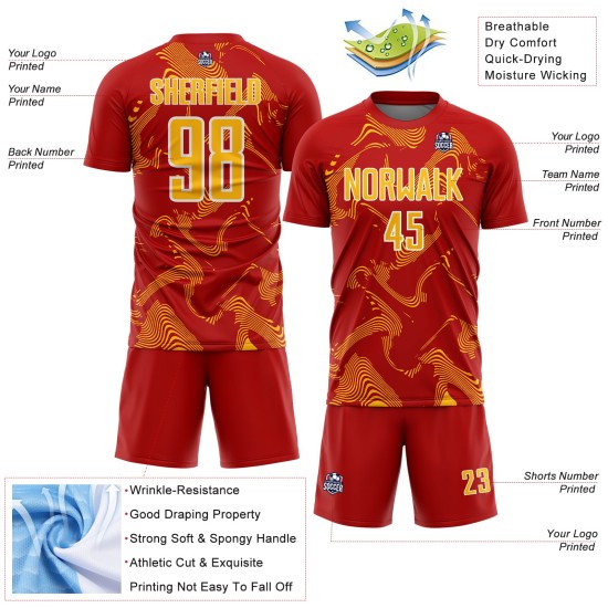 Maillot de football personnalisé à sublimation, courbe rouge, lignes dorées et blanches