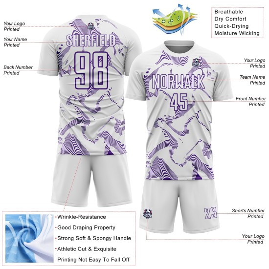 Maillot de football blanc, courbé, lignes violettes, personnalisé, sublimation Maillot de football blanc, courbé, lignes violettes, personnalisé, sublimation