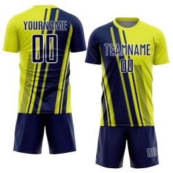 Maillot Uniforme Lignes Néon Jaune Sports Football Bleu Marine-Blanc Sublimation Personnalisé Maillot Uniforme Lignes Néon Jaune Sports Football Bleu Marine-Blanc Sublimation Personnalisé