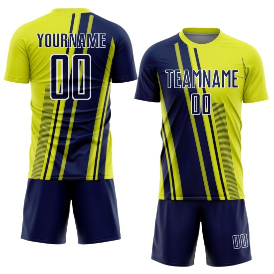 Maillot Uniforme Lignes Néon Jaune Sports Football Bleu Marine-Blanc Sublimation Personnalisé Maillot Uniforme Lignes Néon Jaune Sports Football Bleu Marine-Blanc Sublimation Personnalisé