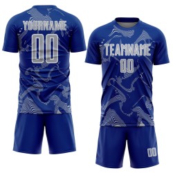 Maillot de football personnalisé gris-blanc Royal Lines Uniforme de sublimation Sports Curve Maillot de football personnalisé gris-blanc Royal Lines Uniforme de sublimation Sports Curve