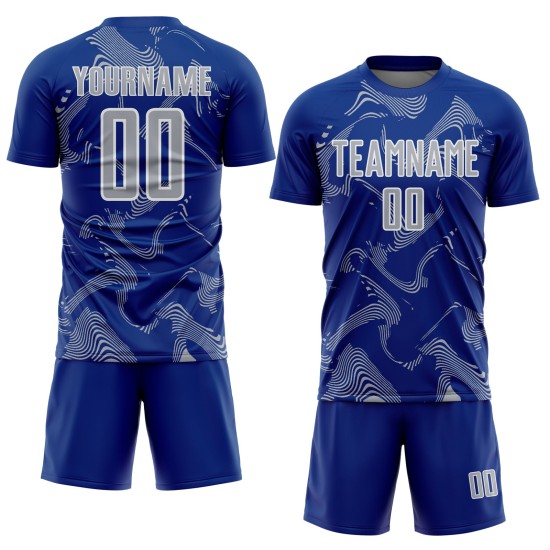 Maillot de football personnalisé gris-blanc Royal Lines Uniforme de sublimation Sports Curve Maillot de football personnalisé gris-blanc Royal Lines Uniforme de sublimation Sports Curve