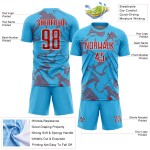 Maillot de football bleu ciel, rouge et blanc, uniforme personnalisé, lignes courbes, sublimation Maillot de football bleu ciel, rouge et blanc, uniforme personnalisé, lignes courbes, sublimation