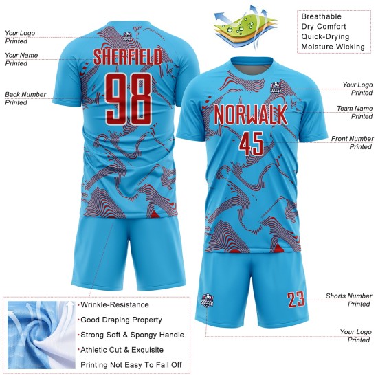 Maillot de football bleu ciel, rouge et blanc, uniforme personnalisé, lignes courbes, sublimation Maillot de football bleu ciel, rouge et blanc, uniforme personnalisé, lignes courbes, sublimation
