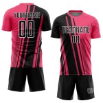 Maillot de football rose fluo à sublimation, uniforme sportif, lignes personnalisées, noir et blanc Maillot de football rose fluo à sublimation, uniforme sportif, lignes personnalisées, noir et blanc
