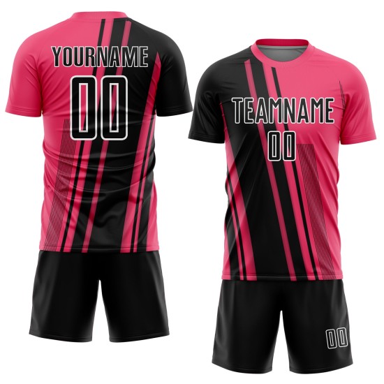 Maillot de football rose fluo à sublimation, uniforme sportif, lignes personnalisées, noir et blanc Maillot de football rose fluo à sublimation, uniforme sportif, lignes personnalisées, noir et blanc