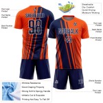Maillot personnalisé uniforme de football à sublimation bleu marine et blanc, lignes orange, sports