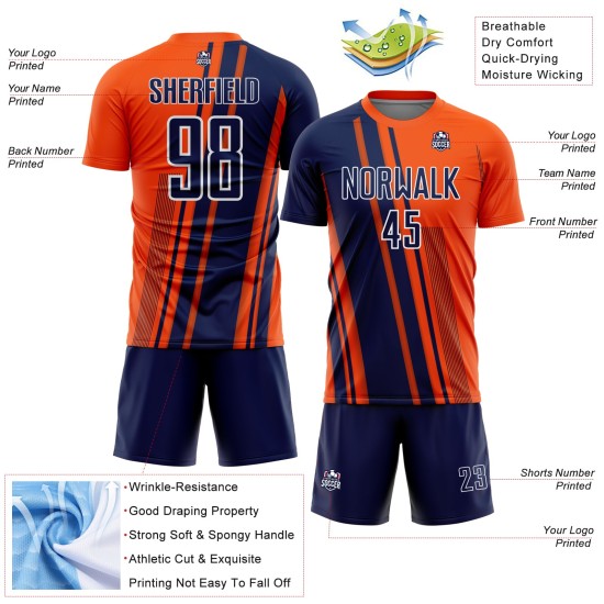 Maillot personnalisé uniforme de football à sublimation bleu marine et blanc, lignes orange, sports