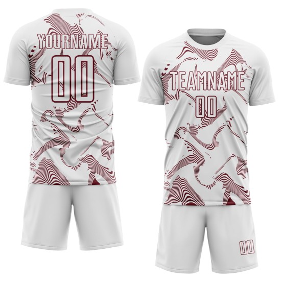 Maillot de football blanc à lignes uniformes et courbes, bordeaux, sublimation personnalisée