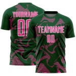 Maillot de football vert à sublimation rose et blanc, lignes sportives courbes personnalisées