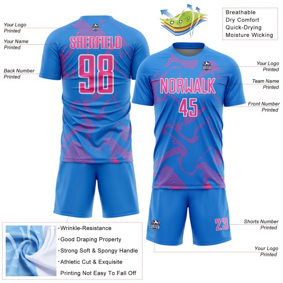 Maillot de sublimation, uniforme, lignes, courbes en poudre, bleu, sport personnalisé, rose et blanc, football