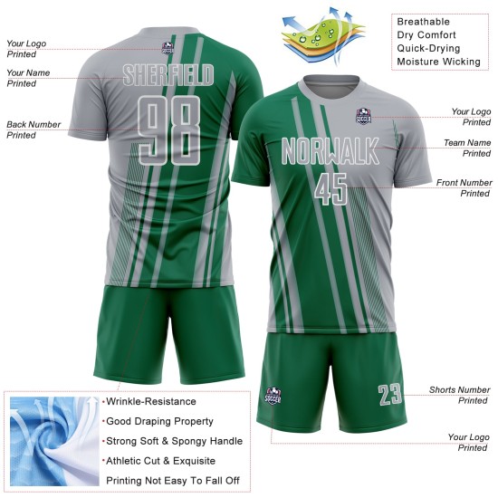 Maillot de football personnalisé à sublimation grise Lines, uniforme vert et blanc, sports Kelly Maillot de football personnalisé à sublimation grise Lines, uniforme vert et blanc, sports Kelly