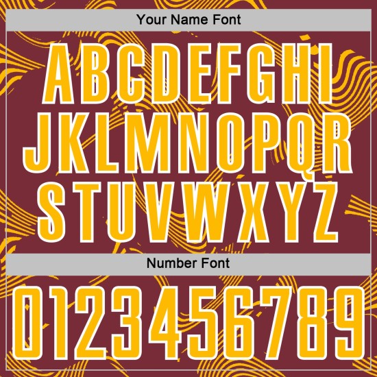 Maillot de football personnalisé à sublimation dorée et blanche bordeaux avec lignes courbes sportives