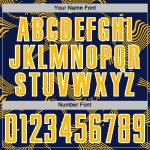 Maillot de football sublimé or-blanc, uniforme bleu marine personnalisé, lignes Sports Curve Maillot de football sublimé or-blanc, uniforme bleu marine personnalisé, lignes Sports Curve