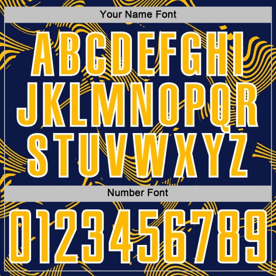 Maillot de football sublimé or-blanc, uniforme bleu marine personnalisé, lignes Sports Curve Maillot de football sublimé or-blanc, uniforme bleu marine personnalisé, lignes Sports Curve