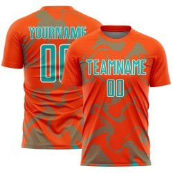 Maillot de football personnalisé orange à sublimation, uniforme de sport, courbe aqua-blanc