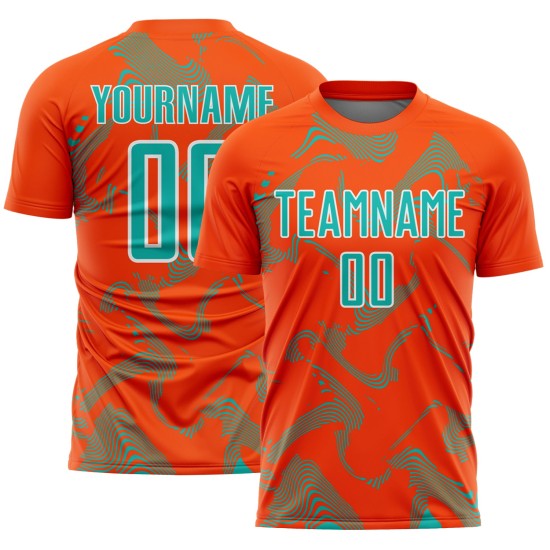 Maillot de football personnalisé orange à sublimation, uniforme de sport, courbe aqua-blanc Maillot de football personnalisé orange à sublimation, uniforme de sport, courbe aqua-blanc