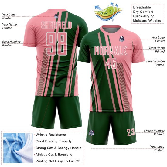 Maillot de football personnalisé rose à lignes moyennes, uniforme de sport vert et blanc