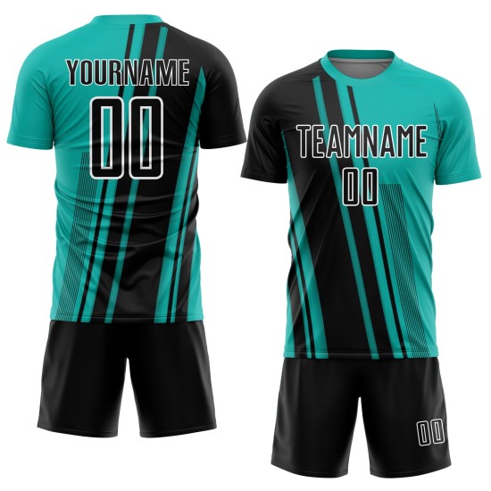 Maillot de sport noir et blanc personnalisé avec lignes d'uniforme de football Aqua Sublimation