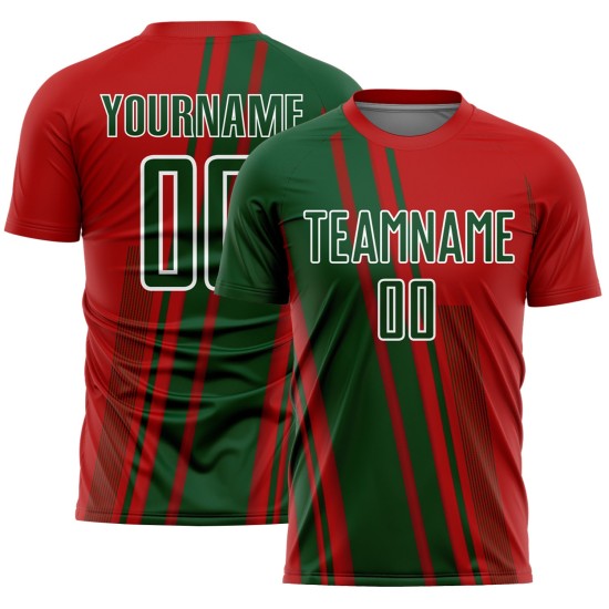 Maillot de football personnalisé à sublimation vert et blanc avec lignes rouges Maillot de football personnalisé à sublimation vert et blanc avec lignes rouges
