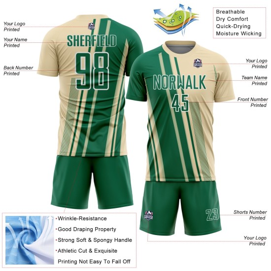 Maillot Kelly de football à sublimation, lignes uniformes crème, vert et blanc, personnalisé Maillot Kelly de football à sublimation, lignes uniformes crème, vert et blanc, personnalisé