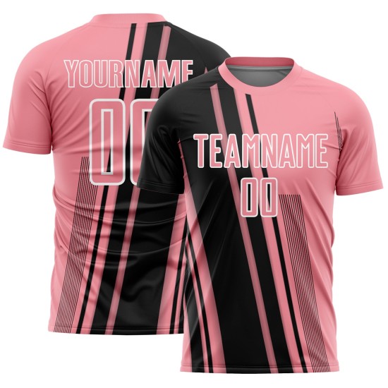 Maillot de football personnalisé à sublimation, noir et blanc, rose moyen Maillot de football personnalisé à sublimation, noir et blanc, rose moyen