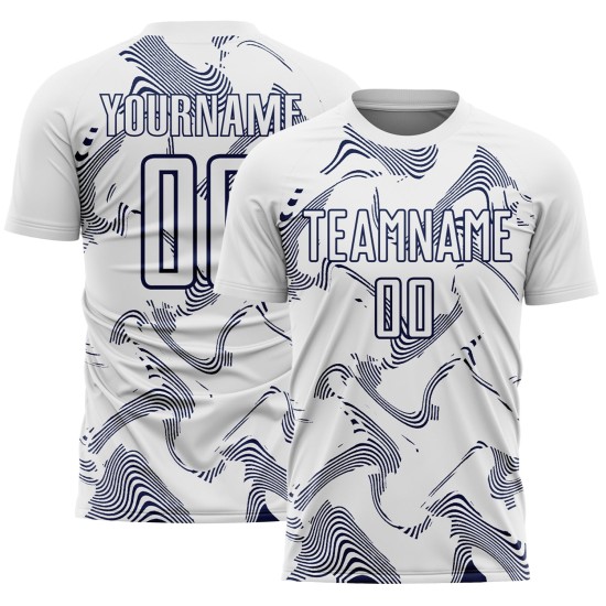 Maillot de sport bleu marine personnalisé, lignes courbes, uniforme de sublimation blanc Maillot de sport bleu marine personnalisé, lignes courbes, uniforme de sublimation blanc