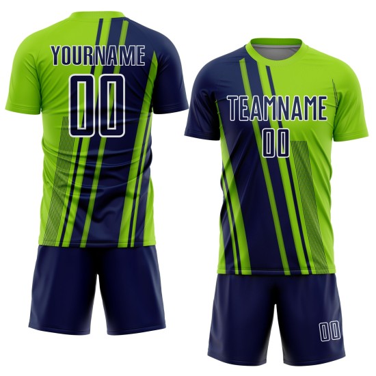 Maillot de football personnalisé à sublimation, lignes vertes, sport, bleu marine fluo et blanc