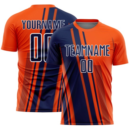 Maillot personnalisé uniforme de football à sublimation bleu marine et blanc, lignes orange, sports