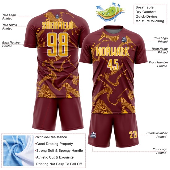 Maillot de football personnalisé à sublimation dorée et blanche bordeaux avec lignes courbes sportives