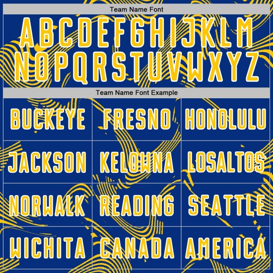 Maillot de football personnalisé à sublimation, lignes courbes jaune-blanc royal Maillot de football personnalisé à sublimation, lignes courbes jaune-blanc royal