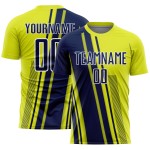 Maillot Uniforme Lignes Néon Jaune Sports Football Bleu Marine-Blanc Sublimation Personnalisé Maillot Uniforme Lignes Néon Jaune Sports Football Bleu Marine-Blanc Sublimation Personnalisé