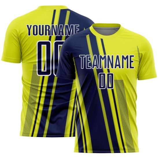 Maillot Uniforme Lignes Néon Jaune Sports Football Bleu Marine-Blanc Sublimation Personnalisé Maillot Uniforme Lignes Néon Jaune Sports Football Bleu Marine-Blanc Sublimation Personnalisé