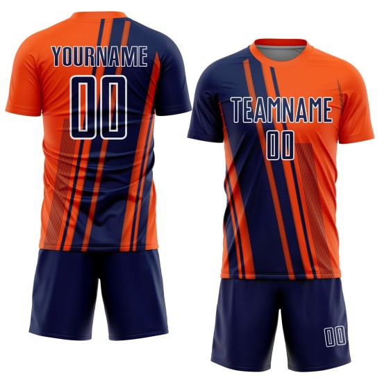 Maillot personnalisé uniforme de football à sublimation bleu marine et blanc, lignes orange, sports