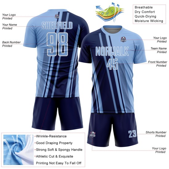 Maillot de football bleu clair personnalisé, uniforme bleu marine et blanc, sublimation sportive