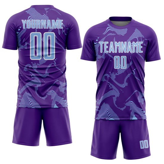 Maillot de football bleu et blanc à lignes de sublimation sportives, uniforme violet, léger et personnalisé Maillot de football bleu et blanc à lignes de sublimation sportives, uniforme violet, léger et personnalisé