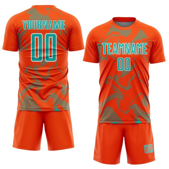 Maillot de football personnalisé orange à sublimation, uniforme de sport, courbe aqua-blanc Maillot de football personnalisé orange à sublimation, uniforme de sport, courbe aqua-blanc