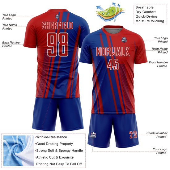 Maillot de football personnalisé avec lignes de sublimation, uniforme de sport blanc royal, rouge