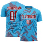 Maillot de football bleu ciel, rouge et blanc, uniforme personnalisé, lignes courbes, sublimation Maillot de football bleu ciel, rouge et blanc, uniforme personnalisé, lignes courbes, sublimation