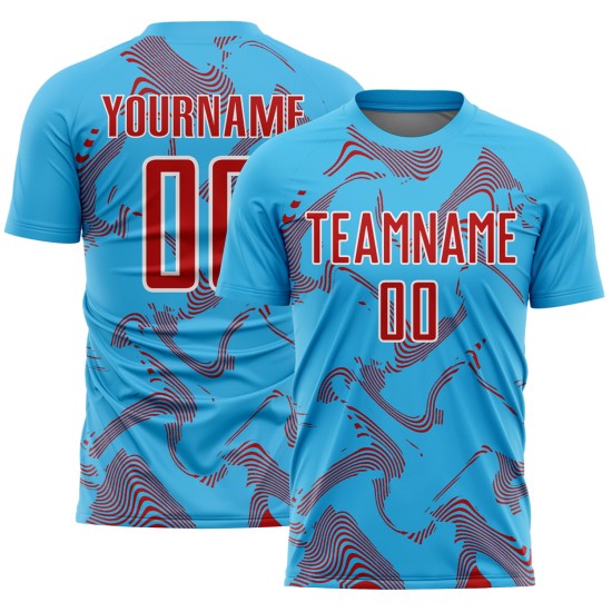 Maillot de football bleu ciel, rouge et blanc, uniforme personnalisé, lignes courbes, sublimation Maillot de football bleu ciel, rouge et blanc, uniforme personnalisé, lignes courbes, sublimation