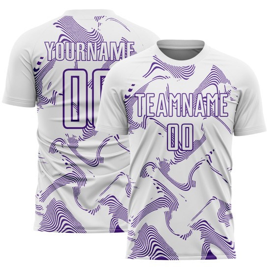 Maillot de football blanc, courbé, lignes violettes, personnalisé, sublimation Maillot de football blanc, courbé, lignes violettes, personnalisé, sublimation