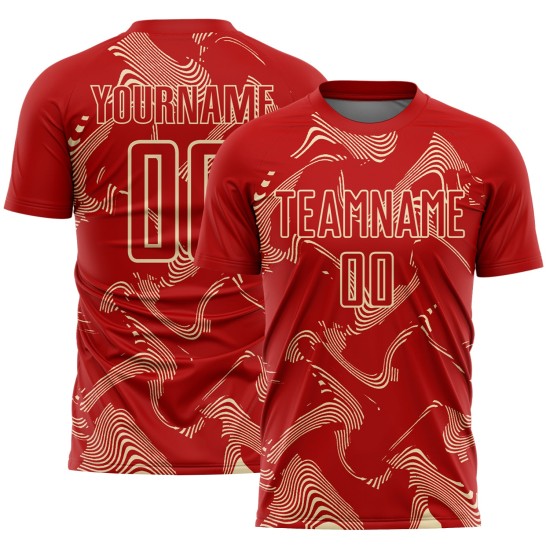 Maillot de sport crème, lignes courbes de football, personnalisé, rouge, sublimation