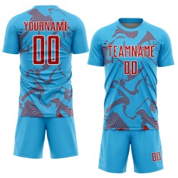 Maillot de football bleu ciel, rouge et blanc, uniforme personnalisé, lignes courbes, sublimation Maillot de football bleu ciel, rouge et blanc, uniforme personnalisé, lignes courbes, sublimation