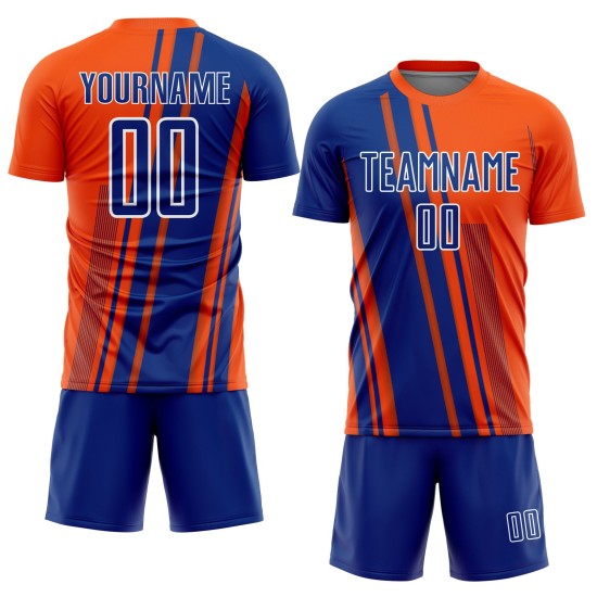 Maillot de football orange à sublimation, uniforme sportif personnalisé, lignes bleu royal et blanc Maillot de football orange à sublimation, uniforme sportif personnalisé, lignes bleu royal et blanc