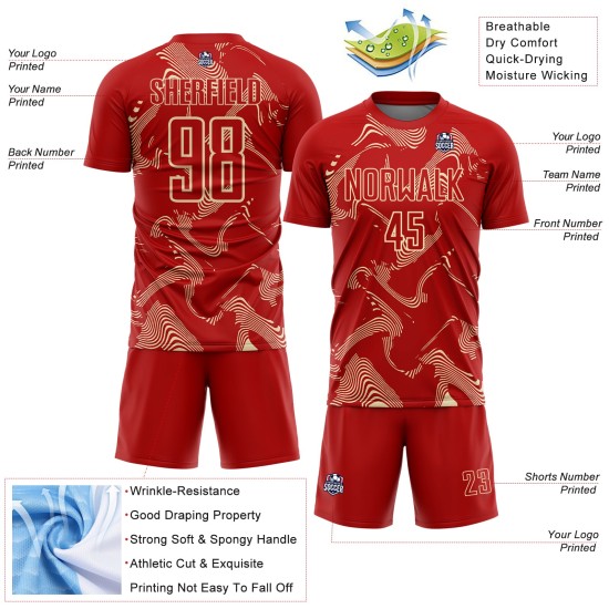 Maillot de sport crème, lignes courbes de football, personnalisé, rouge, sublimation