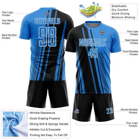 Maillot de football personnalisé à sublimation bleue avec lignes de poudre noir et blanc