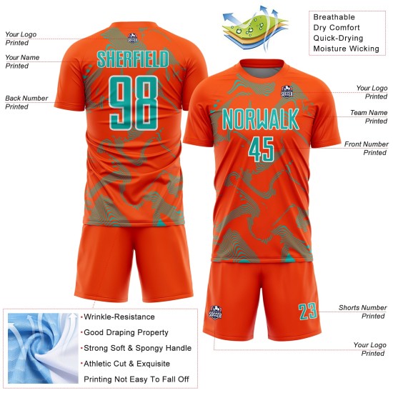 Maillot de football personnalisé orange à sublimation, uniforme de sport, courbe aqua-blanc Maillot de football personnalisé orange à sublimation, uniforme de sport, courbe aqua-blanc