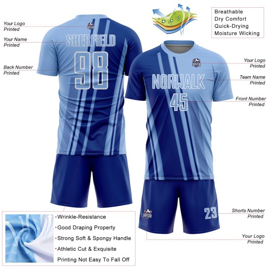 Maillot de football bleu clair, bleu royal et blanc, sublimation, lignes personnalisées