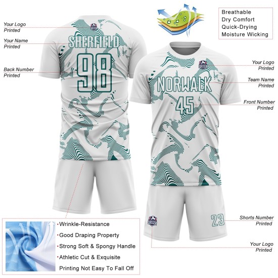 Maillot de football blanc Sports Lines Curve personnalisé bleu sarcelle, sublimation