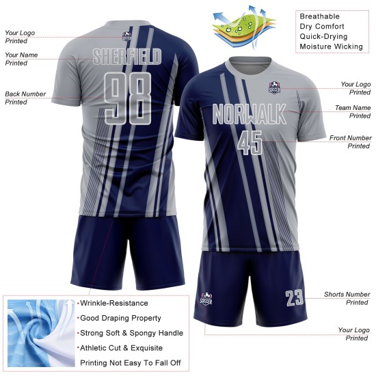 Maillot de football personnalisé à sublimation, lignes grises, bleu marine et blanc